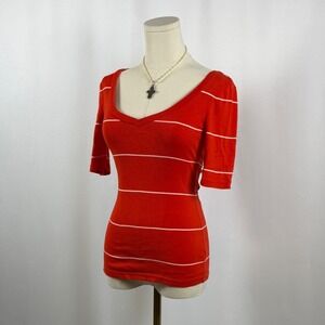 Gap Supersoft Striped V Neck T Shirt Red White Women's XS
